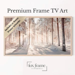 ゴールデンアワーの冬の風景フレームテレビアート、心地よいニュートラルな雪に覆われた森の風景、ファインアート写真、Samsung TVの装飾 269