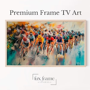 Cuadro decorativo de ciclismo Peloton, pintura de la carrera del Tour de Francia, escena dinámica de ciclistas en movimiento, decoración deportiva enérgica, arte para televisión, descarga digital 904