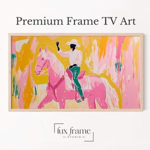 Cowboy and Horse TV Art, Pop-Art Frame TV Art, Bright Modern Wall Decor, Abstract Pink and Yellow Painting, Digital Download, Unique 857