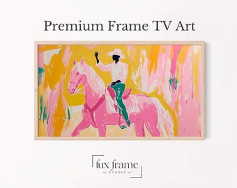 Cowboy and Horse TV Art, Pop-Art Frame TV Art, Bright Modern Wall Decor, Abstract Pink and Yellow Painting, Digital Download, Unique 857