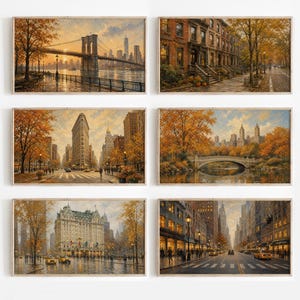 May include: A set of six rectangular wall art prints depicting New York City scenes in autumn. The images feature the Brooklyn Bridge, brownstone buildings, the Flatiron Building, Central Park, The Plaza Hotel, and a busy city street with yellow taxis.