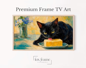 Gatto nero che lecca il burro, giocosa decorazione da cucina, stile vintage (download digitale) 1081