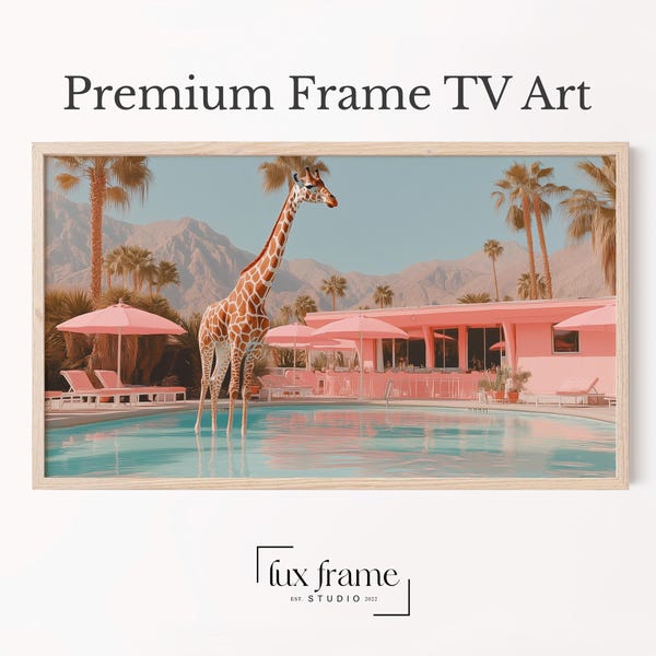 Arte de TV retro de verano junto a la piscina, arte de TV con marco de jirafa divertida, decoración de Palm Springs en tonos pastel, arte de pared moderno de mediados de siglo, descarga digital 754