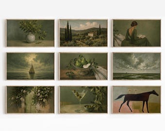 Set di 9 dipinti vintage verdi, paesaggio botanico suggestivo da appendere al muro (download digitale) 100