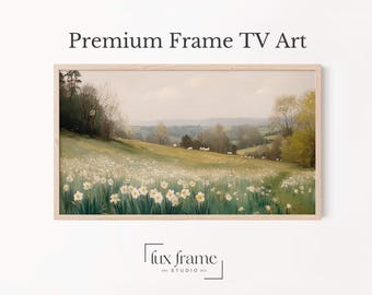 Vintage Pastoral Spring Landscape TV Art, Daffodil Field and Sheep Scene, Cottagecore on Frame TV, Serene Digital Download Wall Decor 865