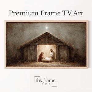 Cuadro navideño para TV, Belén rústico para TV, Serena pintura de pesebre, Decoración navideña vintage, Descarga digital 509