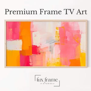 モダンでカラフルな抽象画フレームのテレビアート、ピンクシトラスクリームの絵画サムスンテレビアート、楽しいレイヤードウォールデコレーション、鮮やかなフレームのテレビアート60