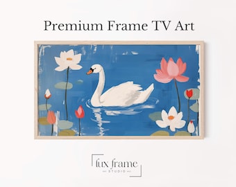 Cottagecore Swan Art, Vintage Folk-Style Painting, Samsung Frame TV Art, Cozy Cottage Decor, Naive Water Scene, Digital Download 860