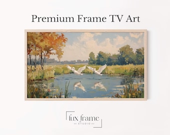 Trumpeter Swans Wall Art, Rustic Autumn Pond Landscape Painting, Serene Country Decor, TV Art, Digital Download 909