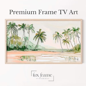 May include: A framed art piece featuring a beach scene with palm trees in shades of green and a soft pink and beige background. The text "Premium Frame TV Art" is at the top. The frame is light-colored wood. The Lux Frame Studio logo is at the bottom.