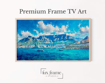 Cape Town Harbor TV Art, Nautical Frame TV Decor, Table Mountain Print, Vibrant Coastal Seascape Art, Instant Download, Painterly 848