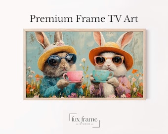 Osterhase Rahmen TV Kunst, süße Pastell Bunnies Teatime Szene, Cottagecore Frühlingsdekor, Kaninchen Wandkunst für Samsung, digitaler Download 632