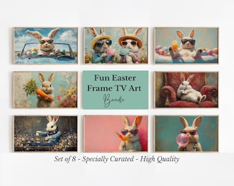 Fun Easter Frame TV Art Bundle, Playful Bunny Art with Sunglasses & Cocktails, Samsung Frame TV Easter Set of 8 32