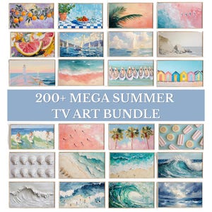 May include: A digital collection of 200+ summer-themed artworks labeled 200+ MEGA SUMMER TV ART BUNDLE. The grid displays various paintings including orange trees, sailboats, beach huts, palm trees, ocean waves, seashells, and coastal landscapes.
