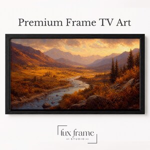 Puede incluir: Una pantalla digital con marco negro que muestra una pintura de paisaje de un río que serpentea a través de un valle otoñal dorado con montañas al fondo. El texto Premium Frame TV Art y el logotipo Lux Frame Studio aparecen en la imagen.