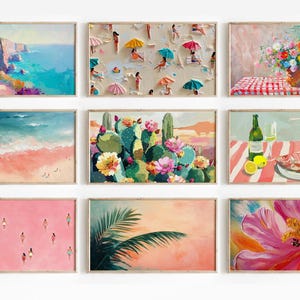 May include: A gallery wall set of nine rectangular framed art prints featuring diverse scenes including coastal cliffs, beachgoers with umbrellas, a floral bouquet, ocean waves, blooming cacti, a dining table setting, swimmers, palm fronds, and a flower.