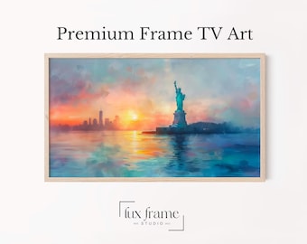 Vintage New York City Coastal TV Art, Impressionistic Statue of Liberty Frame TV Art Skyline Decor, Dramatic Wall Art, Digital Download 852