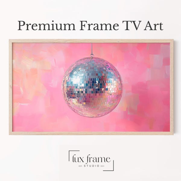 Marco de TV con diseño de bola de discoteca vintage, arte de TV retro glam de los años 70, impresión digital, decoración de pared rosa festiva, arte de técnica mixta, descarga instantánea 540