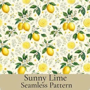 May include: A seamless pattern featuring yellow lemons, green leaves, and white citrus blossoms on a cream background. The design includes whole lemons, sliced lemon rounds, and small yellow flowers. The text Sunny Lime Seamless Pattern is visible.