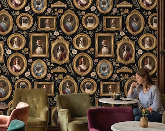 Papel de Parede Vintage com Retrato de Cachorro - Galeria Clássica de Animais de Estimação Aristocráticos - Adesivo Removível
