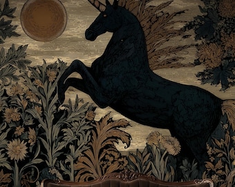 Mural de pared autoadhesivo de unicornio oscuro, papel tapiz de animales míticos de William Morris, decoración de pared impermeable de fantasía botánica
