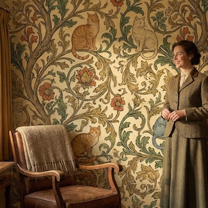 Pode incluir: Uma mulher de fato de tweed est&aacute; numa sala com papel de parede decorado com gatos e motivos florais. Uma cadeira de madeira com uma manta e uma estante cheia de livros tamb&eacute;m s&atilde;o vis&iacute;veis.