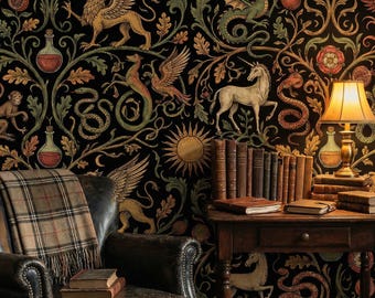 Mural Gótico de Alquimia Medieval, Papel de Parede Autoadesivo, Papel de Parede Não Tecido com Estampa de Animais Escuros
