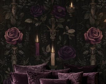Papier peint floral foncé, rose gothique, papier peint autocollant, décoration murale non tissée, bougie victorienne sombre, noire