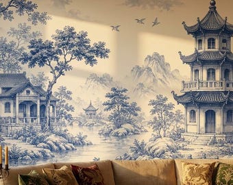Papel pintado autoadhesivo de estilo chinoiserie azul, mural de pared no tejido con paisaje oriental, decoración de pared de vinilo estilo toile vintage