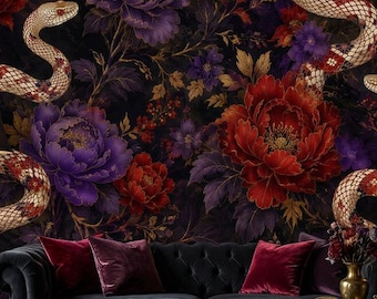 Papel de parede adesivo com estampa de cobra gótica, mural de parede floral escuro em tecido não tecido, decoração de parede em vinil com peônia roxa.