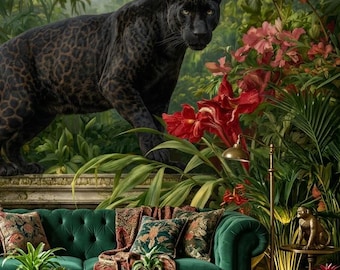Papel de parede Pantera Negra, Mural de parede Selva Tropical, Papel de parede autoadesivo com estampa de animais exóticos, Decoração de parede botânica