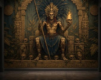 Carta da parati con teschio azteco antico, murale con tempio tribale, decorazione murale storica autoadesiva, opera d'arte ispirata alla mitologia oscura.