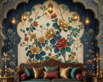 Indisk blommig bågtapet, traditionell påfågelväggmålning, blåguld självhäftande tapet, Mughal-dekor