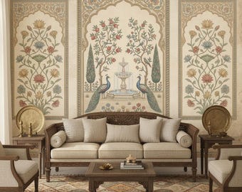 Papel pintado indio de pavo real, mural removible mogol, papel pintado floral tradicional vintage autoadhesivo.