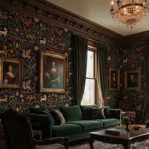 Pu&ograve; includere: Un interno di un soggiorno con mobili in velluto verde scuro, tra cui un divano e poltrone. Le pareti sono coperte da carta da parati a motivi e ritratti incorniciati. Lampadari di cristallo pendono dal soffitto.