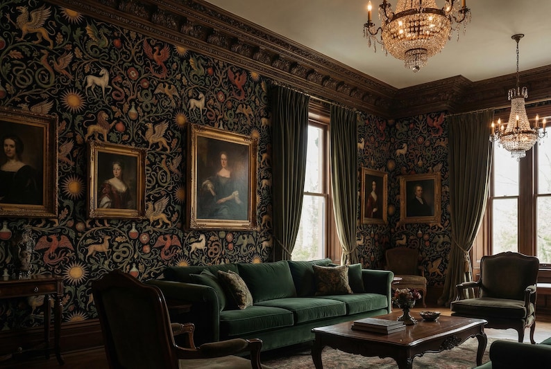 Pu&ograve; includere: Un interno di un soggiorno con mobili in velluto verde scuro, tra cui un divano e poltrone. Le pareti sono coperte da carta da parati a motivi e ritratti incorniciati. Lampadari di cristallo pendono dal soffitto.