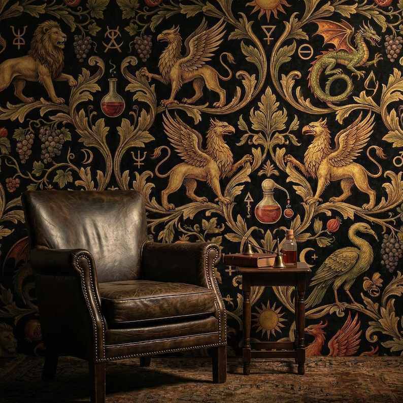 Alchemy Gothic Wallpaper Dark Peel Stick Mythical Mural Dragon Griffin Removable Vintage Wall Paper