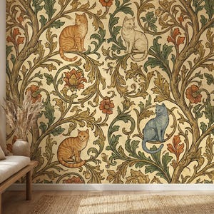 Pode incluir: Papel de parede com um padr&atilde;o repetido de gatos e elementos florais em tons de laranja, azul, verde e dourado. Os gatos s&atilde;o retratados em v&aacute;rias poses, integrados no design bot&acirc;nico ornamentado e estilizado. A est&eacute;tica geral lembra a arte vintage.