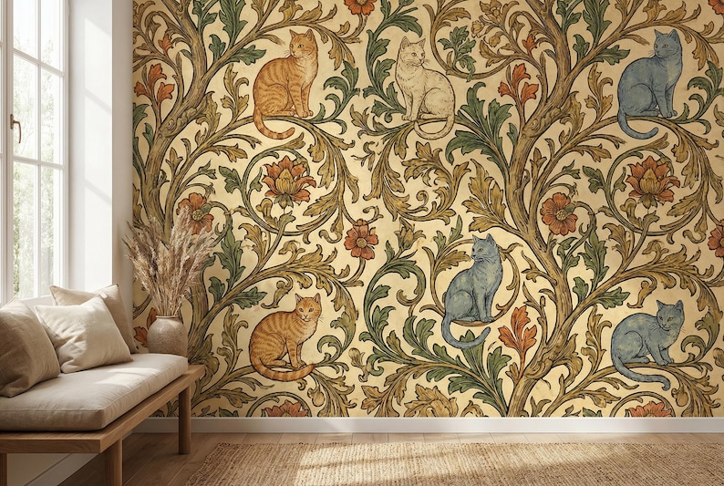 Pode incluir: Papel de parede com um padr&atilde;o repetido de gatos e elementos florais em tons de laranja, azul, verde e dourado. Os gatos s&atilde;o retratados em v&aacute;rias poses, integrados no design bot&acirc;nico ornamentado e estilizado. A est&eacute;tica geral lembra a arte vintage.
