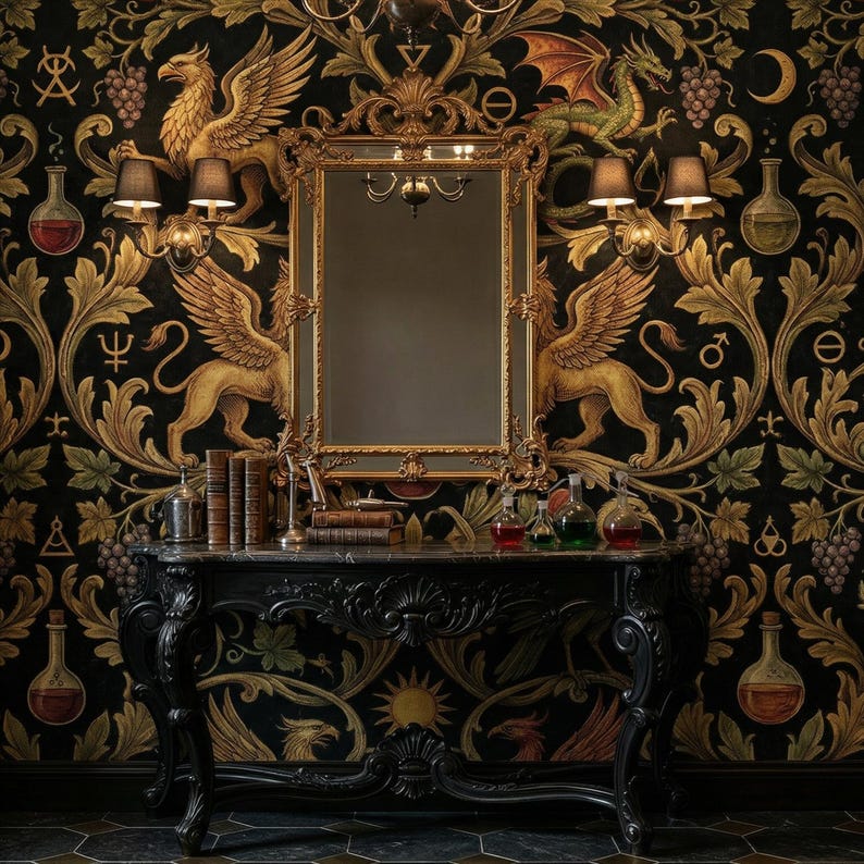 Alchemy Gothic Wallpaper Dark Peel Stick Mythical Mural Dragon Griffin Removable Vintage Wall Paper