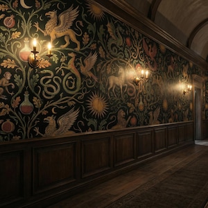 Pu&ograve; includere: Un lungo corridoio con boiserie in legno scuro e carta da parati a motivi di creature mitiche, piante e soli. Applique ornate con candele accese fiancheggiano le pareti, proiettando un bagliore caldo. Il pavimento &egrave; in legno scuro con un tappeto.
