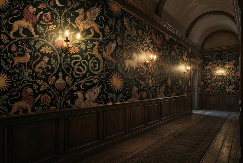 Pu&ograve; includere: Un lungo corridoio con boiserie in legno scuro e carta da parati a motivi di creature mitiche, piante e soli. Applique ornate con candele accese fiancheggiano le pareti, proiettando un bagliore caldo. Il pavimento &egrave; in legno scuro con un tappeto.