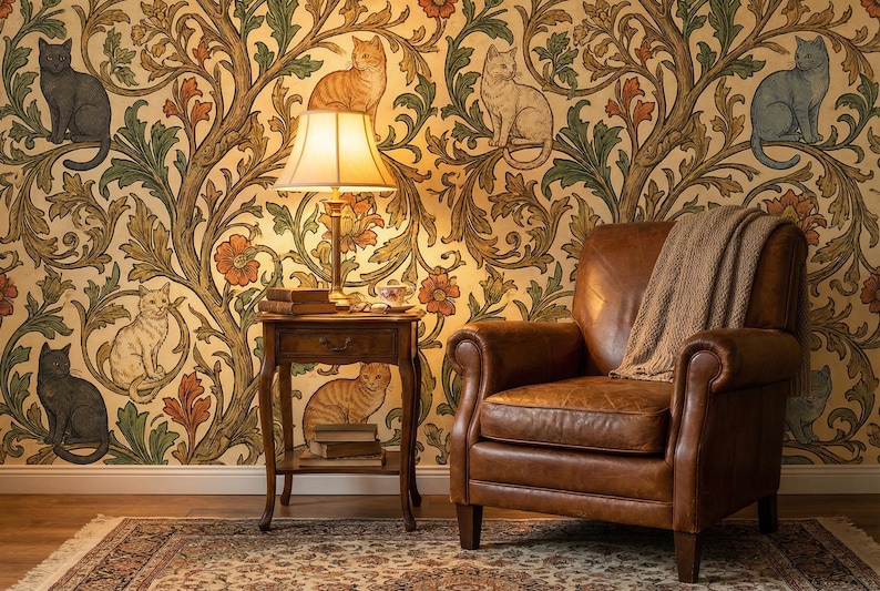 Pode incluir: Uma cena interior acolhedora com uma poltrona de couro castanho e um papel de parede com gatos e desenhos florais em tons de dourado, verde e laranja. Uma pequena mesa de cabeceira de madeira com uma l&acirc;mpada e livros est&aacute; posicionada ao lado da poltrona. Uma manta bege est&aacute; sobre a cadeira.