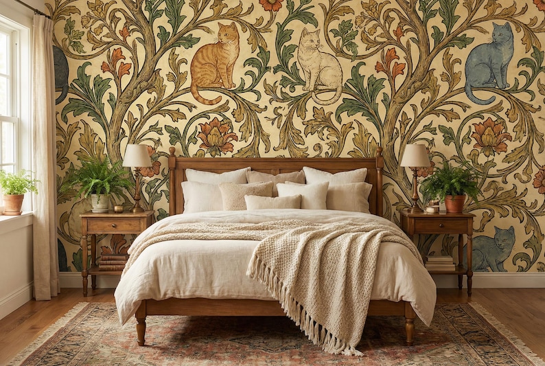 Pode incluir: Quarto com cama de madeira, roupa de cama bege e uma manta com franjas. O papel de parede apresenta um padr&atilde;o repetido de gatos, flores e folhagem em tons de laranja, verde e azul. Duas mesinhas de cabeceira de madeira ladeiam a cama.