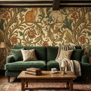 Pode incluir: Uma sala de estar acolhedora com um sof&aacute; de veludo verde escuro, almofadas florais e uma mesa de centro de madeira. O papel de parede tem um fundo dourado com ilustra&ccedil;&otilde;es florais e de gatos. Um tapete e uma l&acirc;mpada completam a cena.