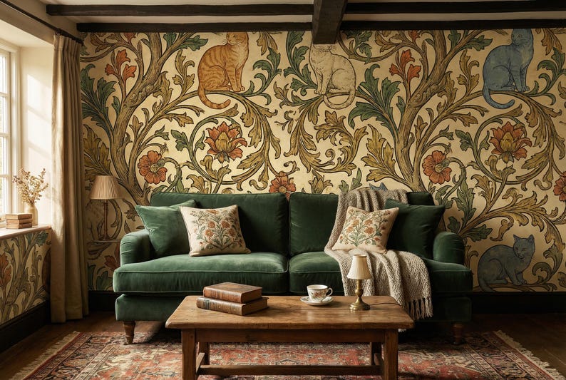 Pode incluir: Uma sala de estar acolhedora com um sof&aacute; de veludo verde escuro, almofadas florais e uma mesa de centro de madeira. O papel de parede tem um fundo dourado com ilustra&ccedil;&otilde;es florais e de gatos. Um tapete e uma l&acirc;mpada completam a cena.