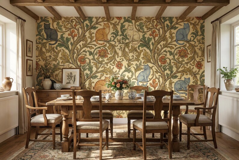 Pode incluir: Uma sala de jantar com uma mesa e cadeiras de madeira, contra um papel de parede com desenhos de gatos e florais em ouro, verde e laranja. A sala tem um tapete, um arm&aacute;rio de madeira e uma janela.