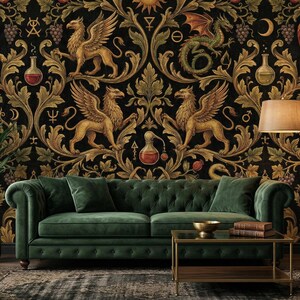 Alchemy Gothic Wallpaper Dark Peel Stick Mythical Mural Dragon Griffin Removable Vintage Wall Paper