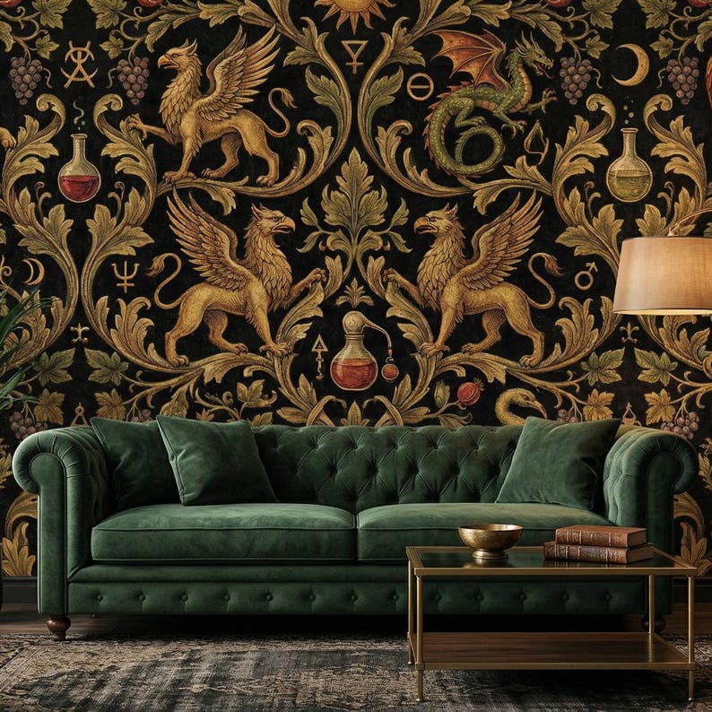 Alchemy Gothic Wallpaper Dark Peel Stick Mythical Mural Dragon Griffin Removable Vintage Wall Paper