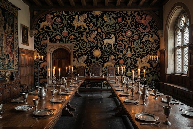 Pu&ograve; includere: Un lungo tavolo da pranzo in legno apparecchiato per un banchetto, con calici d'argento, piatti e candelabri. La stanza presenta un arazzo scuro e ornato con creature mitiche e una grande finestra ad arco, creando un'atmosfera medievale.